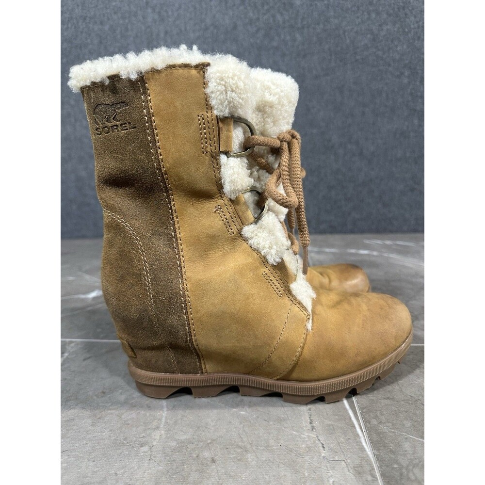 Sorel Joan of Arctic Wedge II Shearling Boots Camel Brown Suede US 6.5 B40
